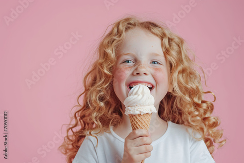 Little girl with curly hair eating ice cream on a pink background.