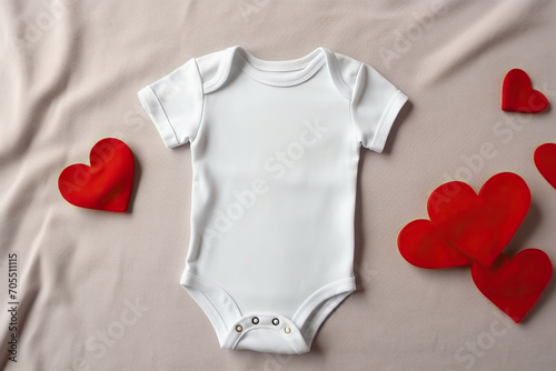 White baby bodysuit with red hearts on a white background.
