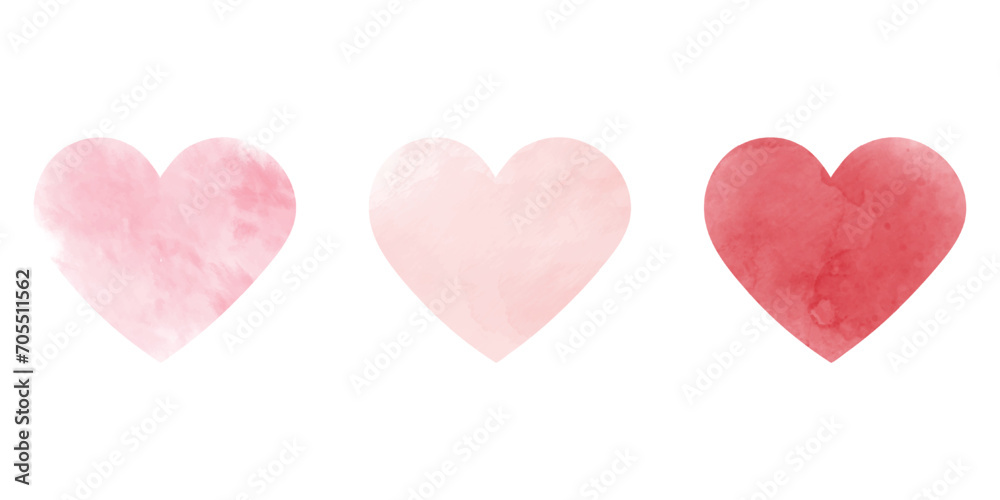 Set of watercolor hearts. Set of hand-painted watercolor pink heart isolated on white background