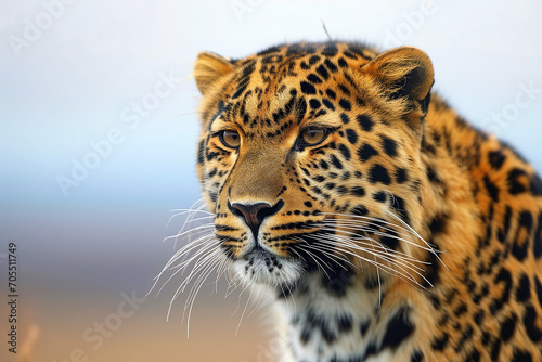 a close-up of a leopard's face, capturing its intense gaze and the intricate spotted pattern of its fur, with a soft-focus background.  © Seasonal Wilderness