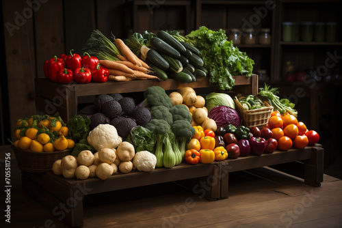 Vegetables are on a wooden shelf in an old kitchen.