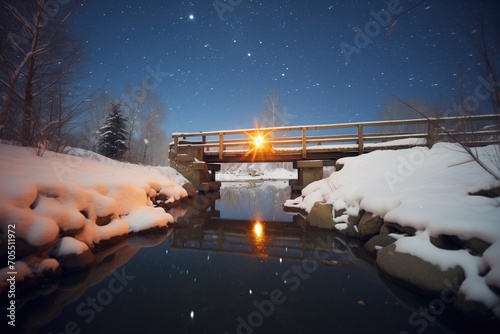 Canvas-taulu snowy footbridge with stars reflecting in the stream