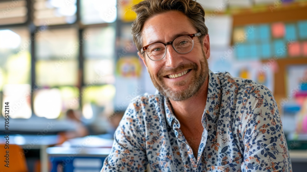 Portrait of smiling male teacher in a class at elementary school looking at camera with behind them is a backdrop of a classroom background Portrait of smiling male teacher in a class at elementary school looking at camera with behind them is a backdrop of a classroom background