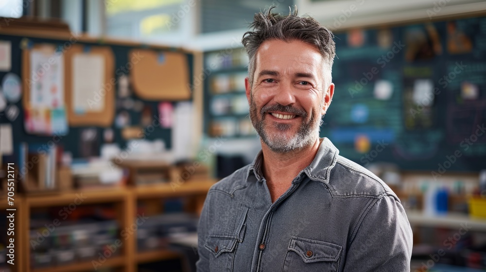 Portrait of smiling male teacher in a class at elementary school looking at camera with behind them is a backdrop of a classroom background Portrait of smiling male teacher in a class at elementary school looking at camera with behind them is a backdrop of a classroom background