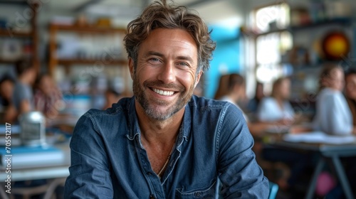 Portrait of smiling male teacher in a class at elementary school looking at camera with behind them is a backdrop of a classroom background