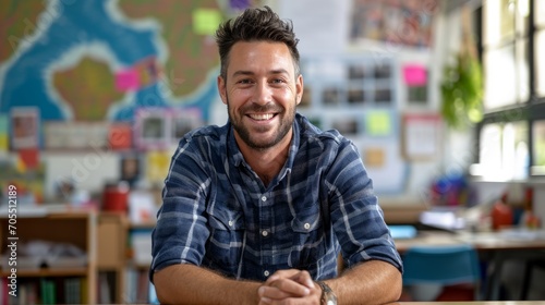 Portrait of smiling male teacher in a class at elementary school looking at camera with behind them is a backdrop of a classroom background