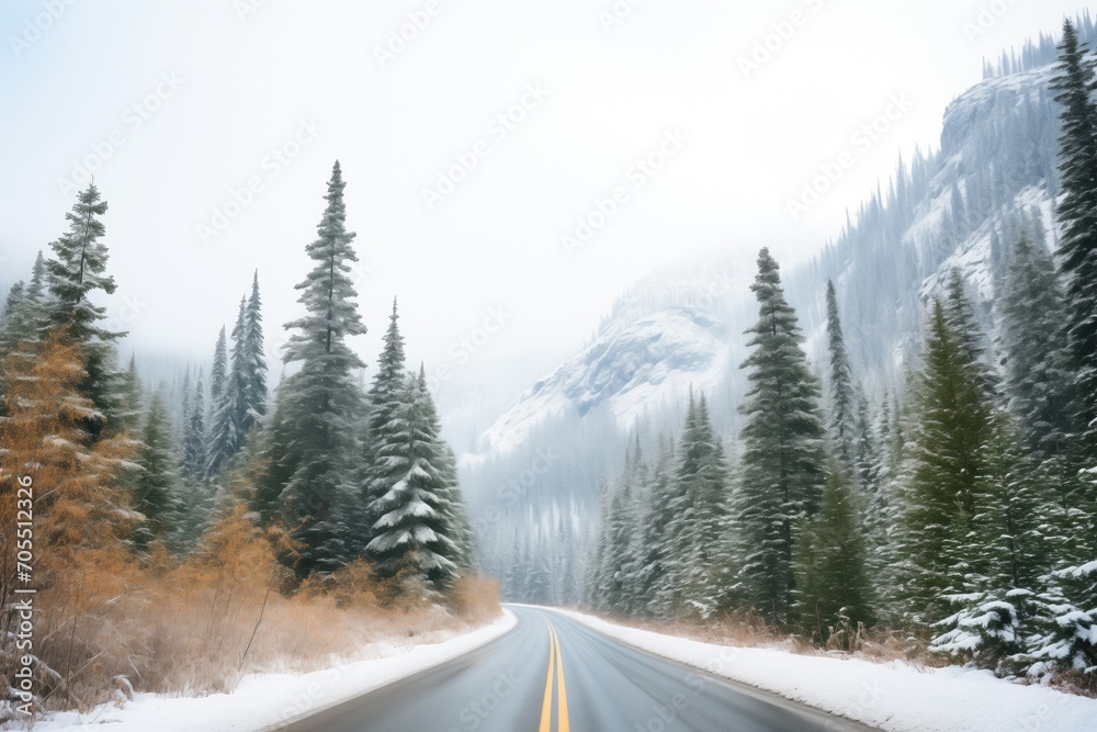 snow-laden fir trees flanking mountain road