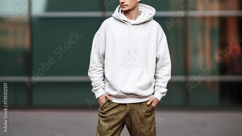 White hooded sweatshirt Mockup, white gildan 18500, man wearing white hoodie on street in daylight, hoodie Mockup Template adult for design print, Male guy wearing casual hoodie placement	
