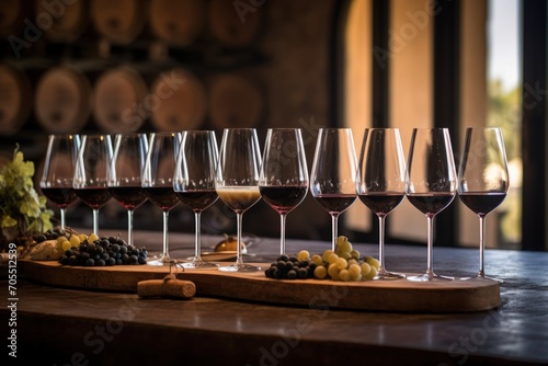 Glasses with various types of wine on a wooden bar