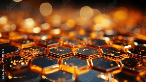 Golden hexagon and circle bokeh with glitter, neon lights, and depth of field. © crazyass