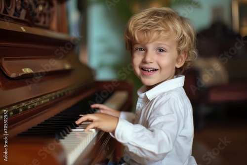 Happy and smiley little boy playing on the piano. AI generative