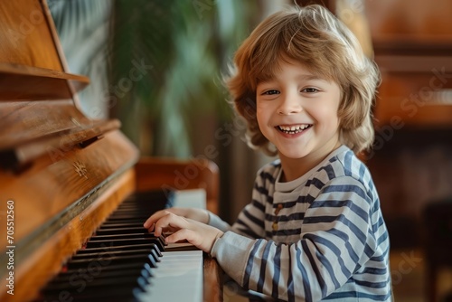 Happy and smiley little boy playing on the piano. AI generative