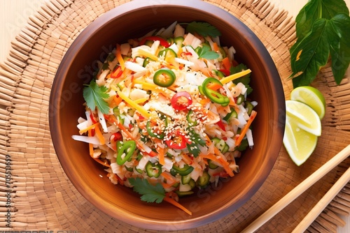 overhead shot, asian slaw in wooden bowl, sesame garnish