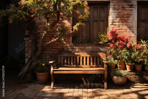 Front garden with wooden bench on brick wall and wooden window background.