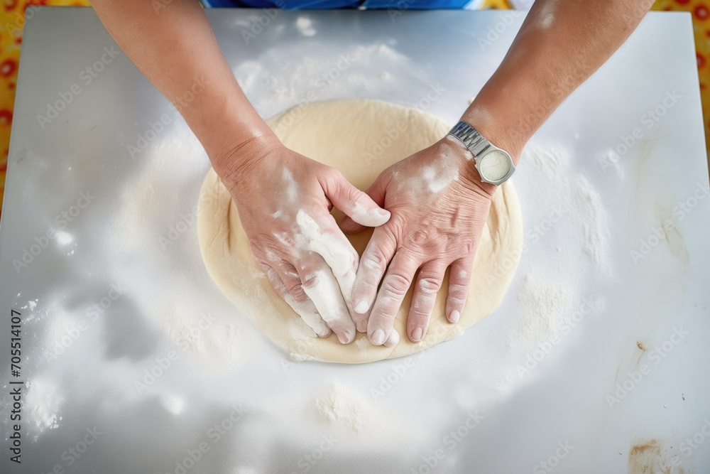 a bakers hands rolling out pie dough on a floured surface