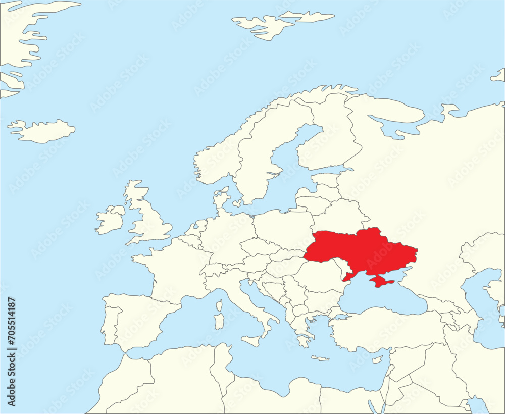 Red CMYK national map of UKRAINE inside simplified beige blank political map of European continent on blue background using Winkel Tripel projection