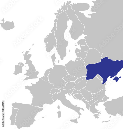 Blue CMYK national map of UKRAINE inside simplified gray blank political map of European continent on transparent background using Mercator projection