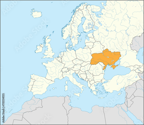 Orange CMYK national map of UKRAINE inside detailed beige blank political map of European continent with rivers and lakes on blue background using Mercator projection