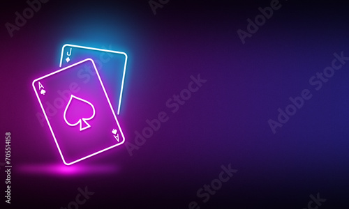 Casino theme background with Ace and Jack cards combination in neon light style. Copy space area on right.