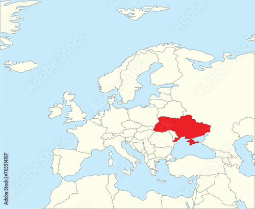 Red CMYK national map of UKRAINE inside simplified beige blank political map of European continent on blue background using Winkel Tripel projection