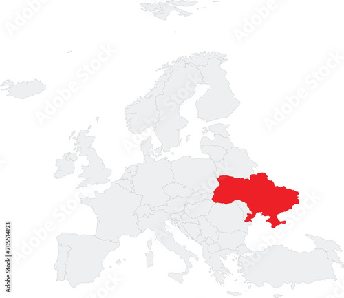 Red CMYK national map of UKRAINE inside gray blank political map of European continent on transparent background using Robinson projection