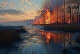 Dramatic scene of a wildfire spreading in a wetland, with flames and smoke reflecting off of the water surface