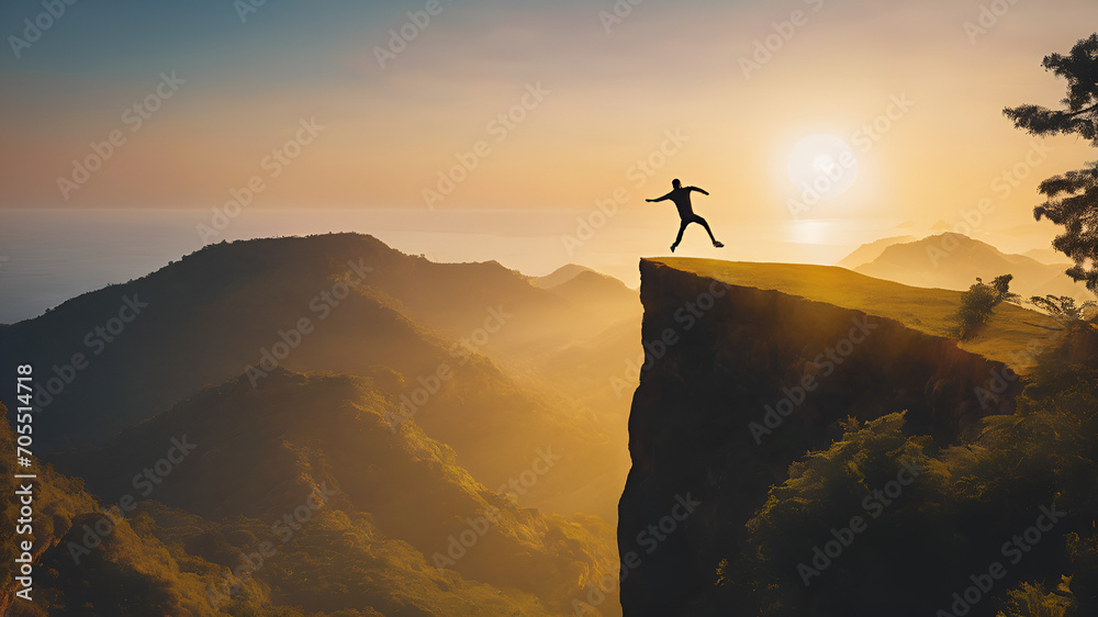 Man on top of a mountain cliff
