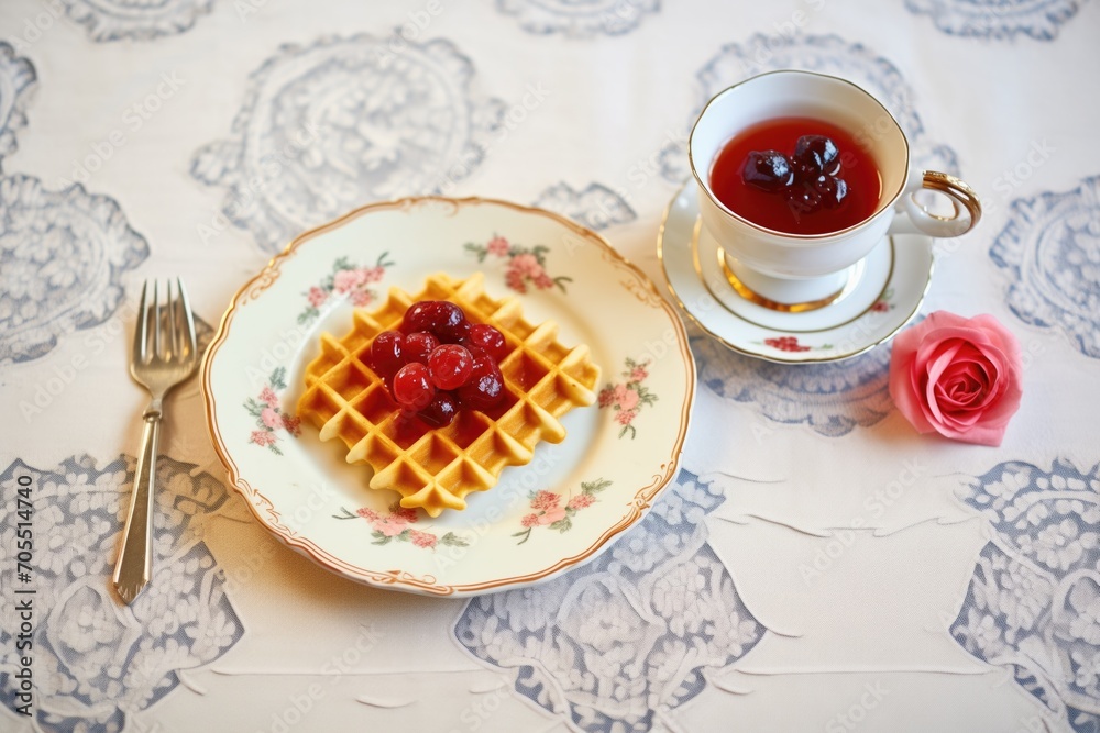 traditional belgian waffles with cherry compote on a lace doily