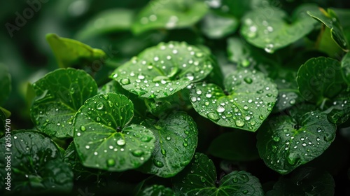 The beauty of close-up green leaves is enhanced by dewdrops. 