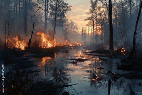 Tranquil sunrise viewed through the veil of a raging forest fire, creating a powerful juxtaposition