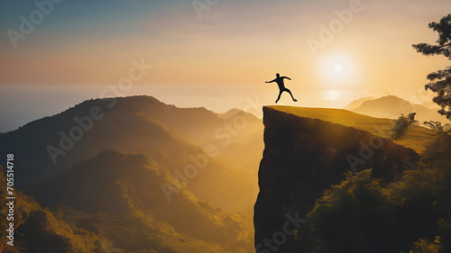 Man on top of a mountain cliff 