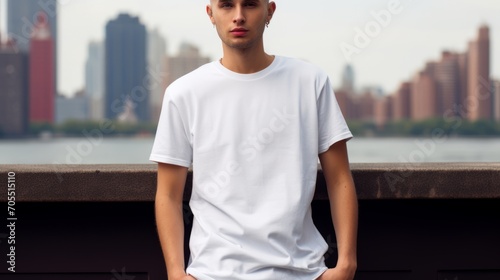 White T-Shirt Mockup, white gildan 64000, man wearing white t-shirt on street in daylight, T-Shirt Mockup Template adult for design print, Male guy wearing casual t-shirt mockup placement   © bedaniel