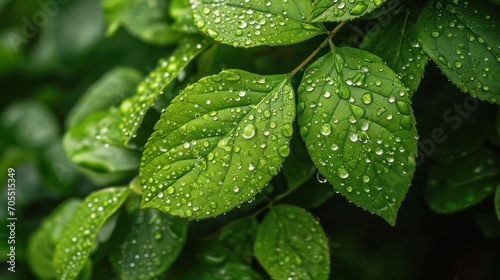 Macro photography of green leaves adorned with dewdrops. 