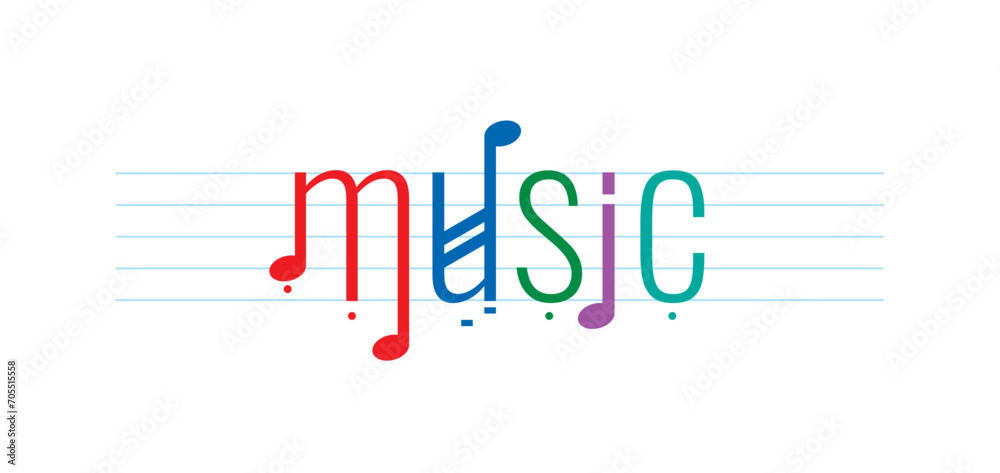 music logo. music word and note concept - obrazy, fototapety, plakaty 