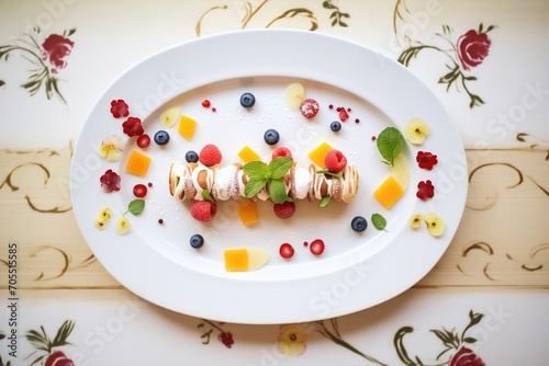 cannoli with fruit garnishes, white plate, top view