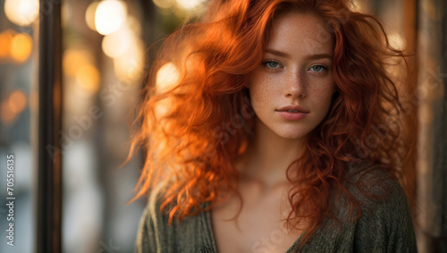 Young Woman with Flowing Auburn Hair Enjoying the Afternoon at the Golden Hour