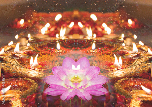 India background for national india holiday or indian hinduism design, candle light and lotus flower photo