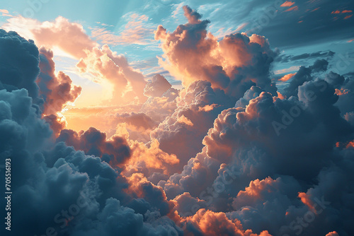 A depiction of fluffy clouds drifting across a pastel-colored sky.