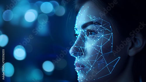 Womans Face With Digital Biometric Facial Recognition, Technology Concept in Dark Room photo