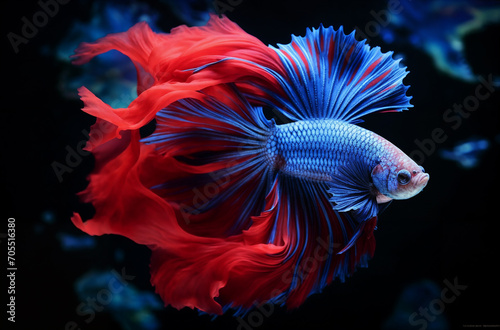 a red and blue fish with a black background and a black background with a black background and a red and blue fish with a black background, blue and pink color scheme, generative ai