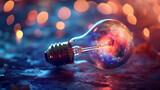 Illuminated Light Bulb With Galaxy Swirls Against a Bokeh Background