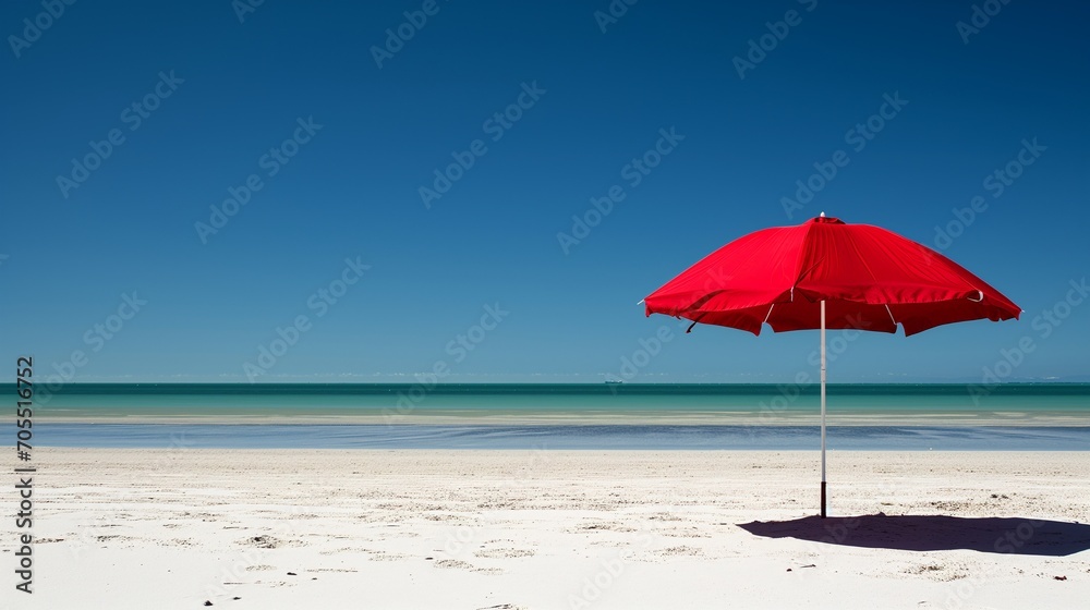 A vibrant red beach umbrella stands out against a white sandy shore with a calm turquoise ocean in the background