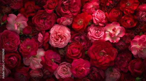 A Lush Assortment of Red and Pink Roses in Full Bloom, Captured Up Close