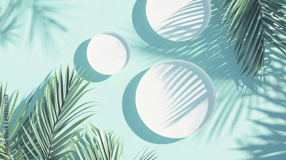 Fototapeta premium Abstract design with palm leaves creating geometric shadows on a pastel background