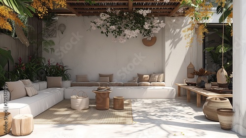 Stylish patio with modern outdoor furniture, woven baskets, and flowering plants