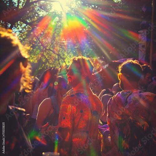 A vibrant festival atmosphere captured with a crowd of people and a colorful sun flare effect