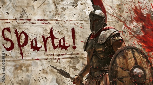 Digital artwork of a spartan warrior in combat gear with dramatic 'sparta!' graffiti on a textured wall photo