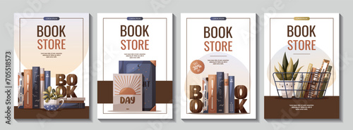Set of flyers with books, potted plants and wooden word "book". Bookstore, bookshop, book lover, reading, interior concept. Vector illustration for advertising, banner, promo.