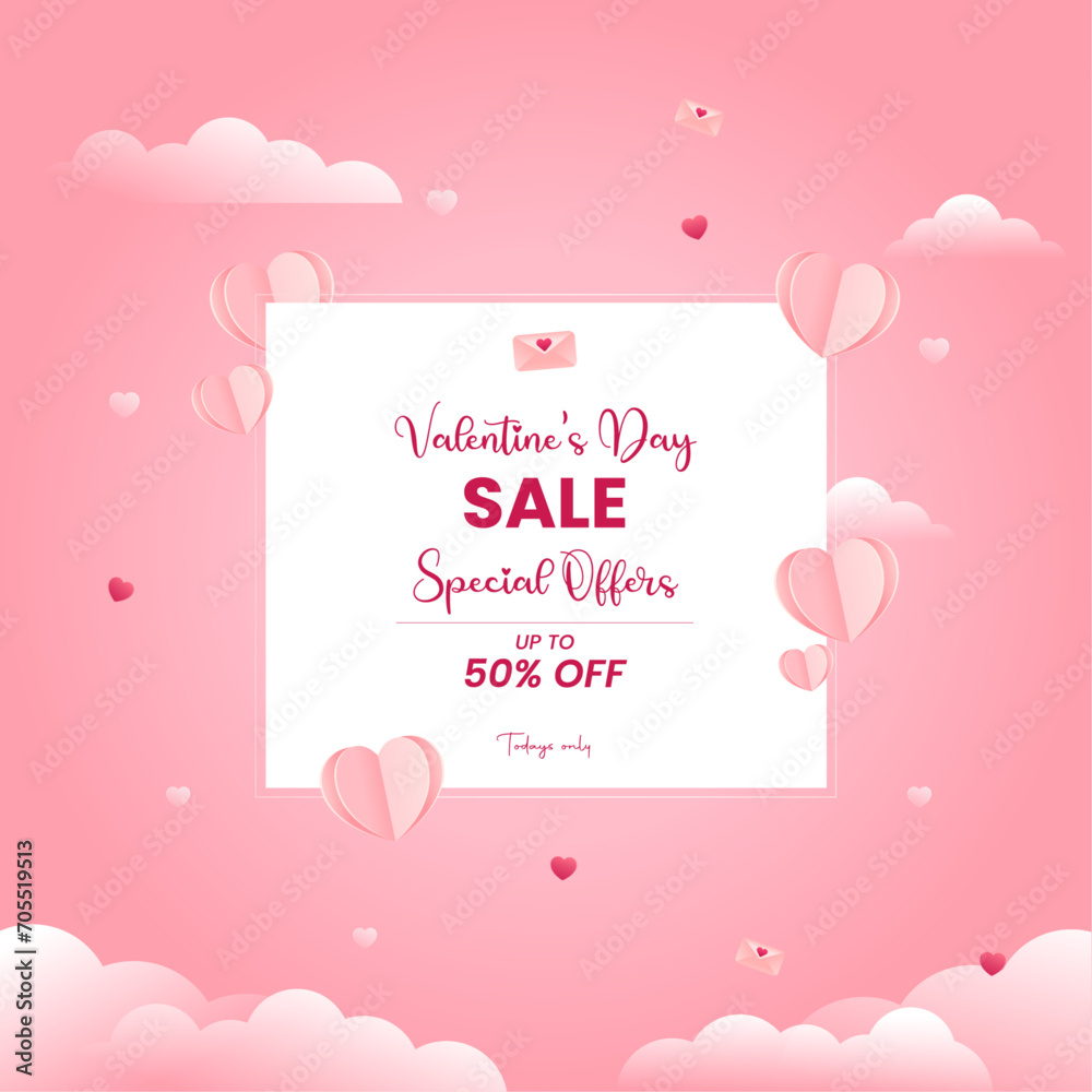Happy Valentine's Day Sale Poster or banner with valentine elements on pink background. Promotion and shopping template for love and Valentine's day.
