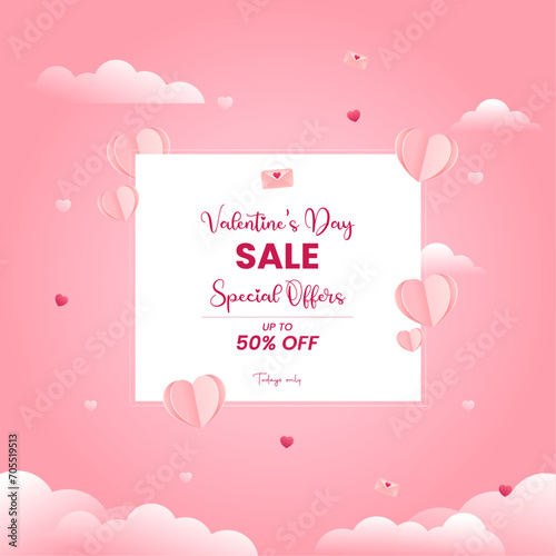 Happy Valentine's Day Sale Poster or banner with valentine elements on pink background. Promotion and shopping template for love and Valentine's day. 